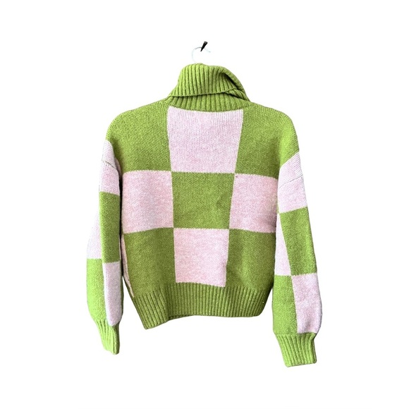 New Native Youth Checkerboard Oversized Green Pink Knit Turtleneck Sweater XS - Picture 6 of 13